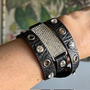 🧡 3/15 Vintage Black Faux Leather Wrap Bracelet Bling Crystal Adjustable